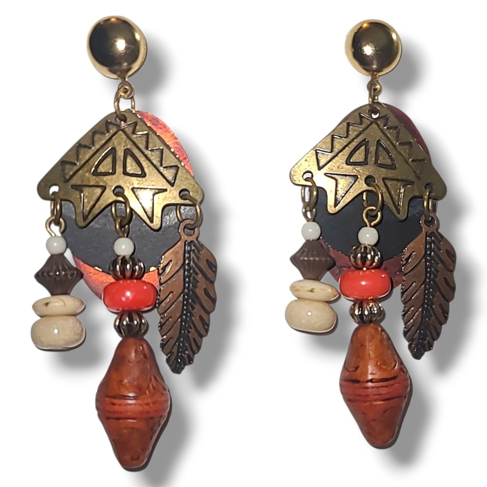Vintage Newpro Tribal Dangle Earrings Beaded Mixed Media Boho‎ Statement